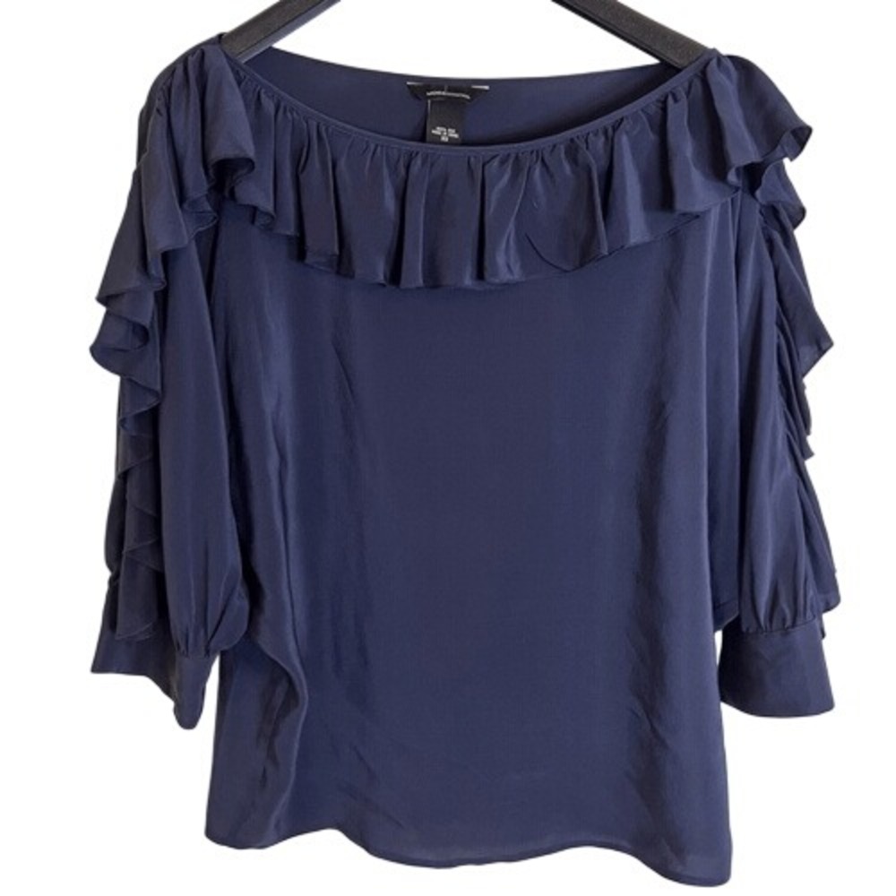 Moda International Womens Ruffled Silk Navy Blouse Size XS 3/4 Sleeve Flowy Work